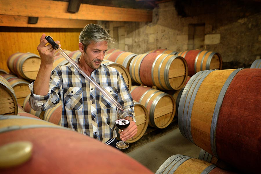 Specialized Business Insurance - Winemaker Tests Supply in Storage Room Surrounded by Barrels of Wine, Holding a Glass of Red Wine